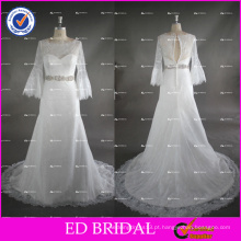 ED Bridal Vintage manga comprida Mermaid Lace vestidos de casamento com faixa frisada